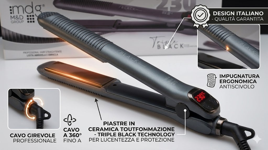 Piastra Capelli MDG Triple Black 230 Professionale Lisci e Ricci Ceramica 230°C