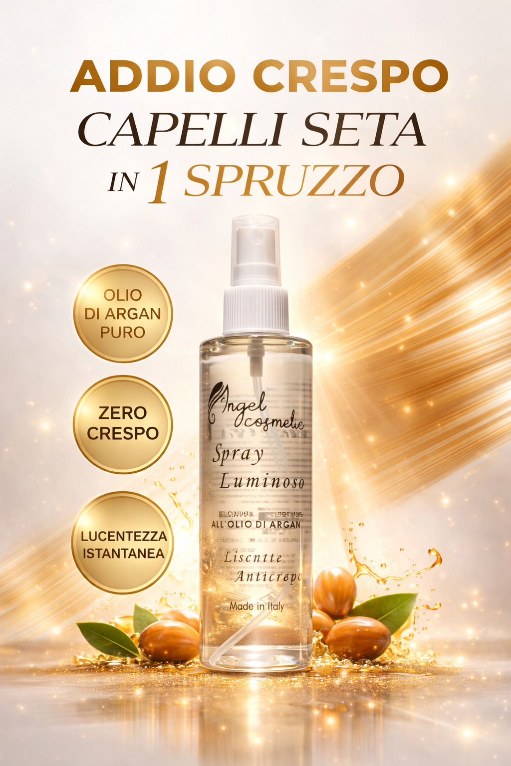 Spray Luminoso all'Olio di Argan "Elixir Divino" | Trattamento Professionale Lisciante e Anticrespo