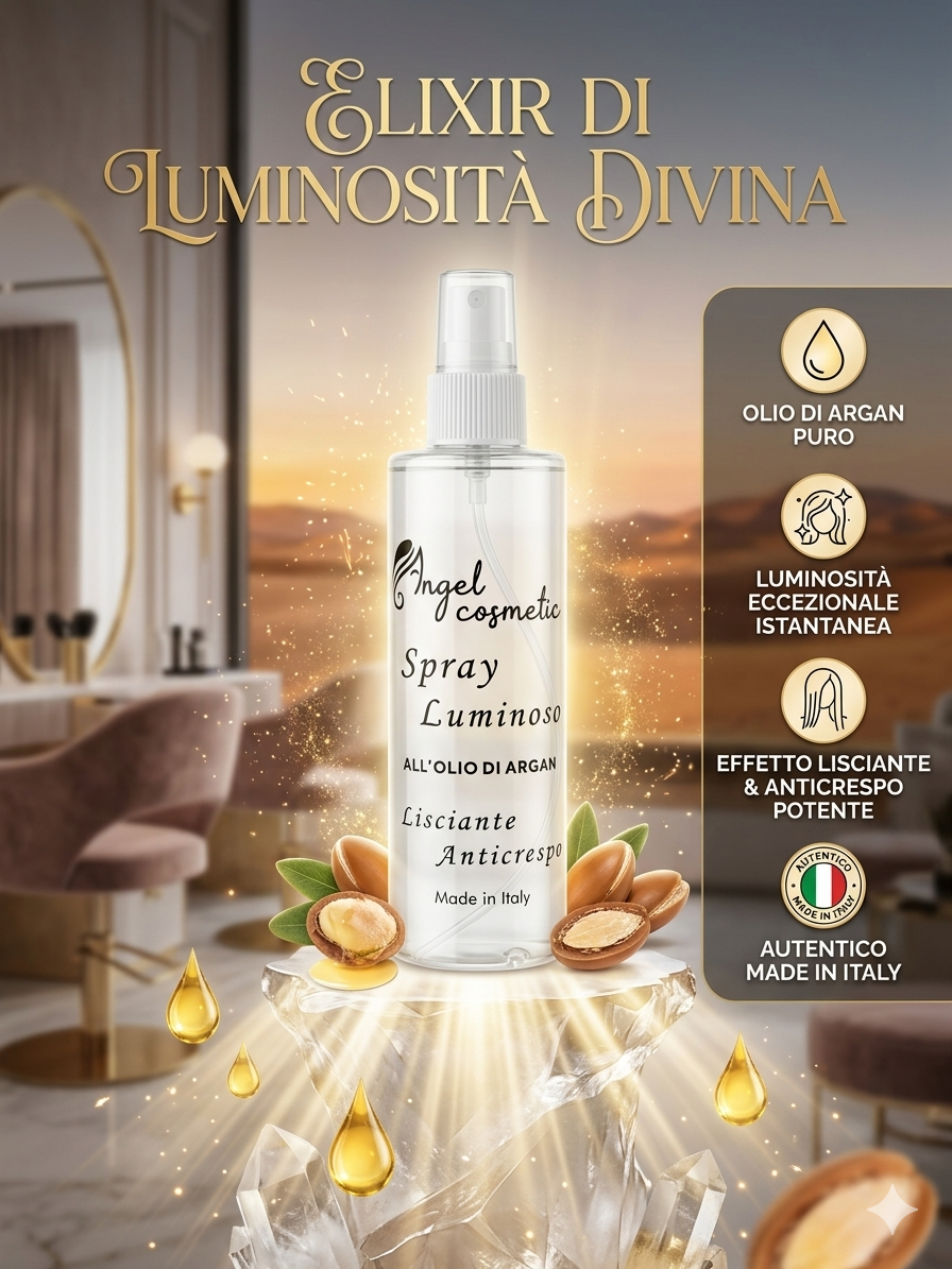 Spray Luminoso all'Olio di Argan "Elixir Divino" | Trattamento Professionale Lisciante e Anticrespo