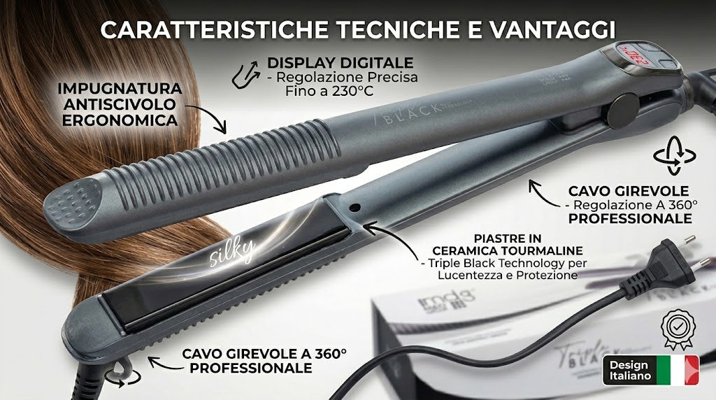 Piastra Capelli MDG Triple Black 230 Professionale Lisci e Ricci Ceramica 230°C